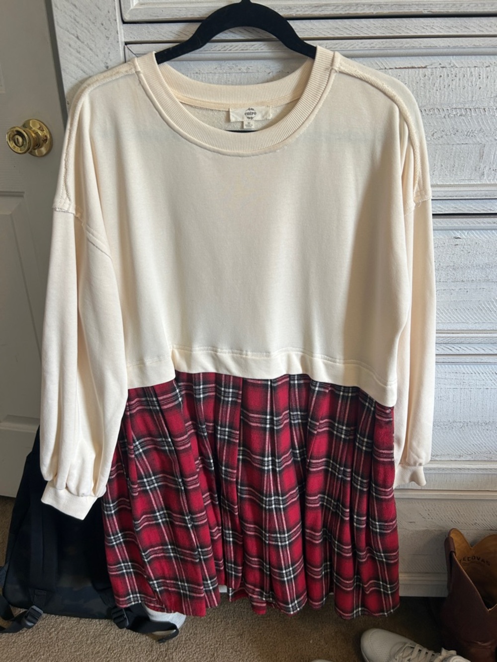 entro Cream Top with Red Plaid Skirt Long-Sleeve Dress